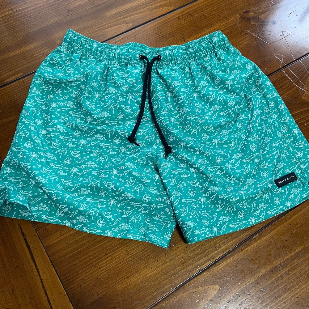 Perry Ellis Aqua Green Summer Print Swim Shorts - Men’s M - EUC